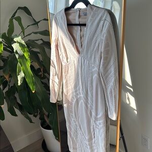 Fashion Nova Cream Long Sleeve Sheath Dress Plunge Neckline